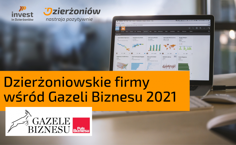Biuro z włączonym laptopem, logotypy miasta i gazety Puls Biznesu