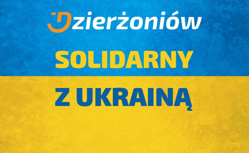 Napis Solidarni z Ukrainą i logo dzierżoniowa na tle flagi Ukrainy