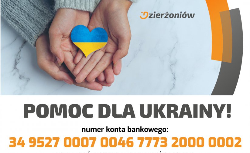 Serce z flagą ukrainy trzymane na dłoniach, logo Dzierżoniowia, pod spodem napis Pomoc dla Ukrainy