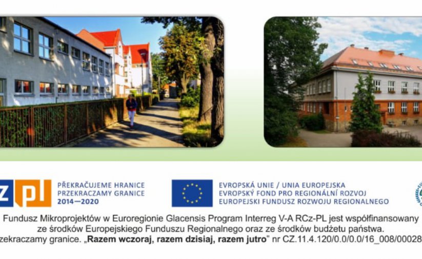 Dwa zdjecia budynków szkoł, pod nimi logotyp unii i programów unijnych