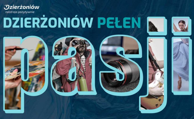 Grafika na niebieskim tle i napis Dzierżoniów Pełen Pasji 