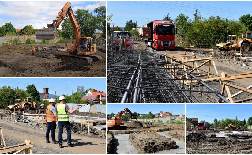 Kolaż pięciu zdjęc z placu budowy pokazującyh prace ziemne