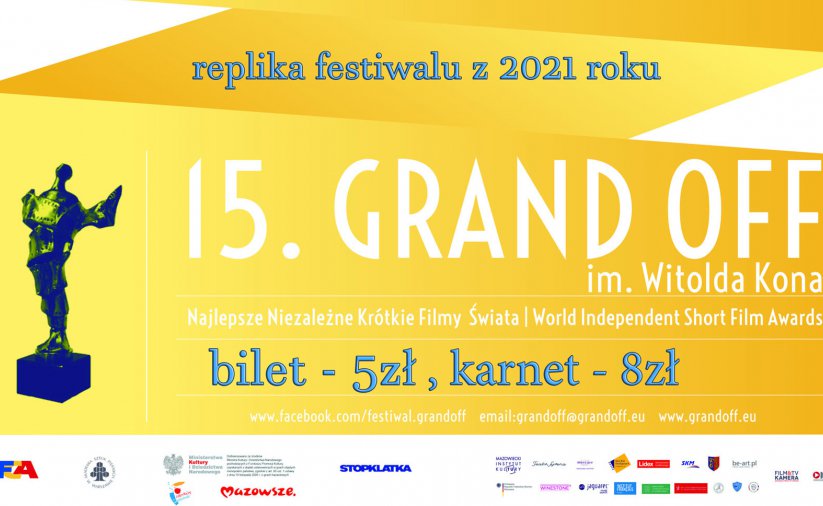 Plakat 15. Grand Off Festywal, statuetka na żółtym tle