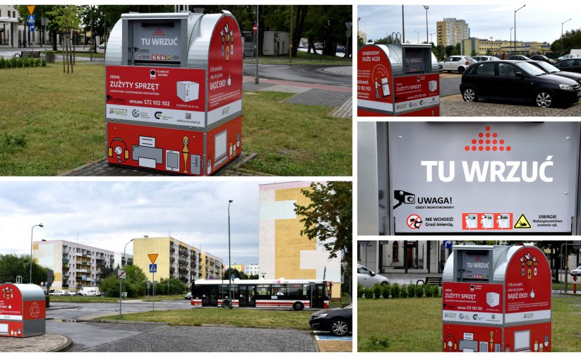 Kolaż zdjęć czerwonych pojemników na elektroodpady w różnych częściach miasta