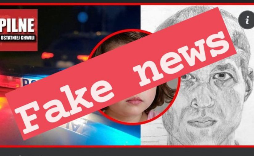 Rysunek twarzy mężczyzny zasłonięty napisem Fake Neews