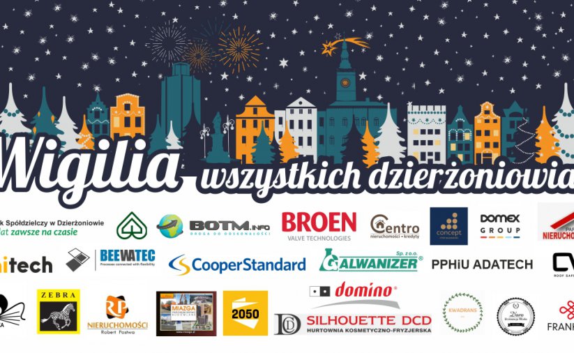 Grafika z granatowym tłem, rysunkami kamienic, napisem Wigilia i logami kilkunastu firm
