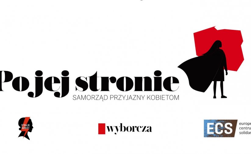 Grafika z napisem Po jej stronie obrysem Polski i rysunkiem kobiety w pelerynie