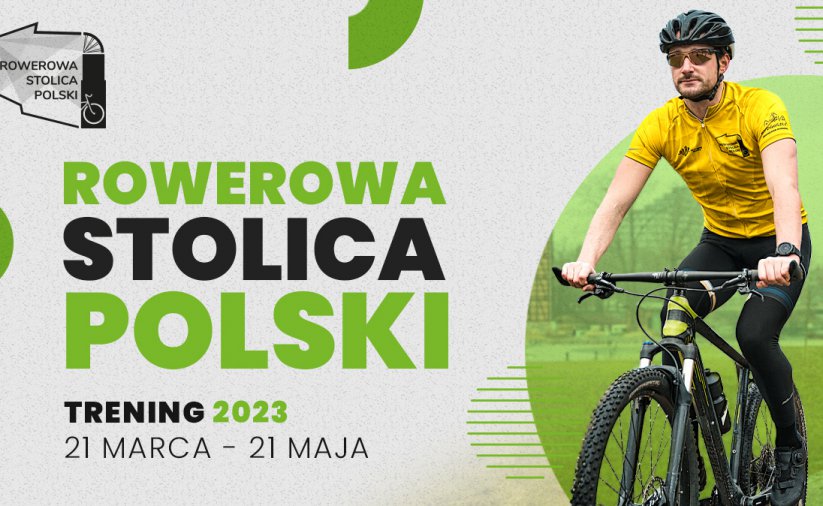 Rowerzysta w żółtej koszulce i napis Rowerowa Stolica Polski 