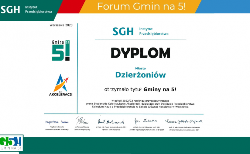 Zdjecie dyplomu z napisem Dzierżoniów Gmina na 5