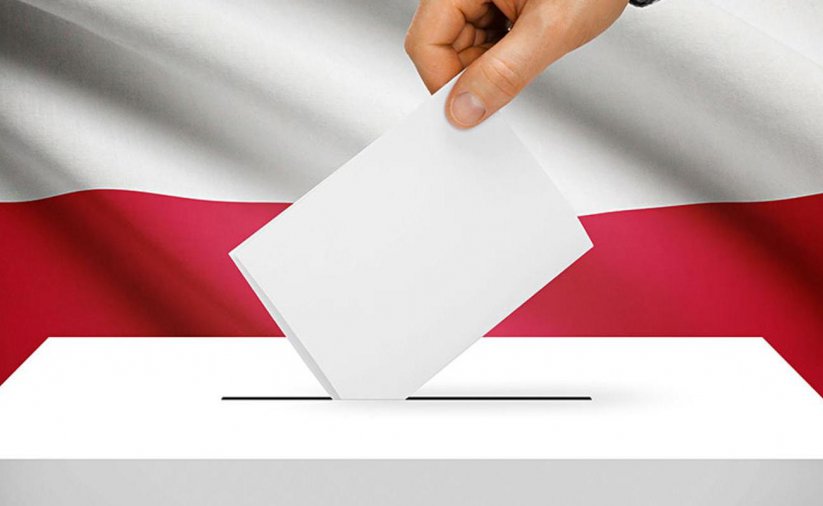 Fęka wkładająca kartę do urny do głosowania, w tle flaga Polski