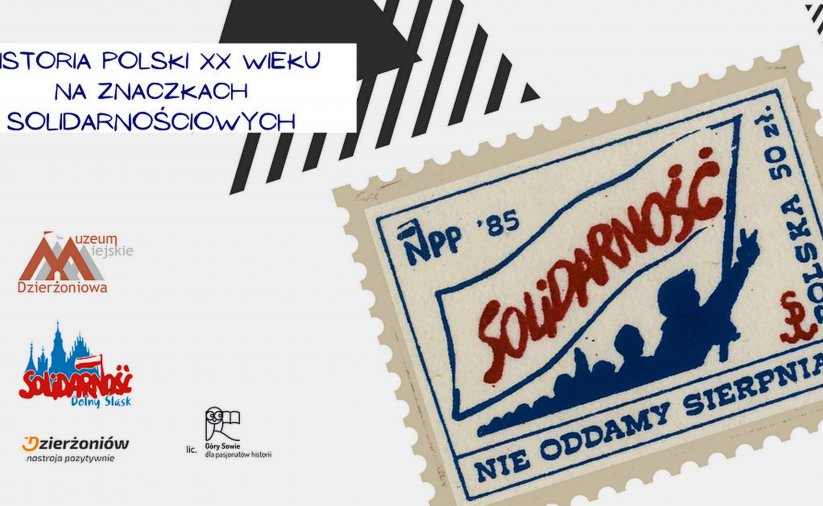 Koperta ze znaczkiem z napisem Solidarność, po lewej stronie loga solidarności, muzeum i Dzierżoniowa