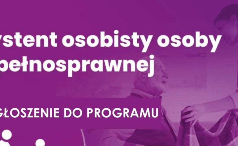 Grafika z fioletowym tłem i napisem Asystent osobisty osoby niepełnosprawnej 