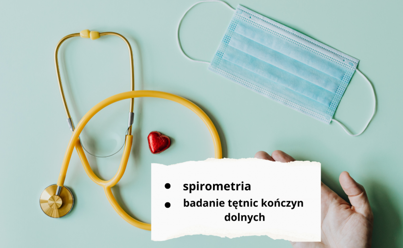 Stetoskop lekarski i czerwone serce oraz napis spirometria i badanie tętnic kończyn dolnych