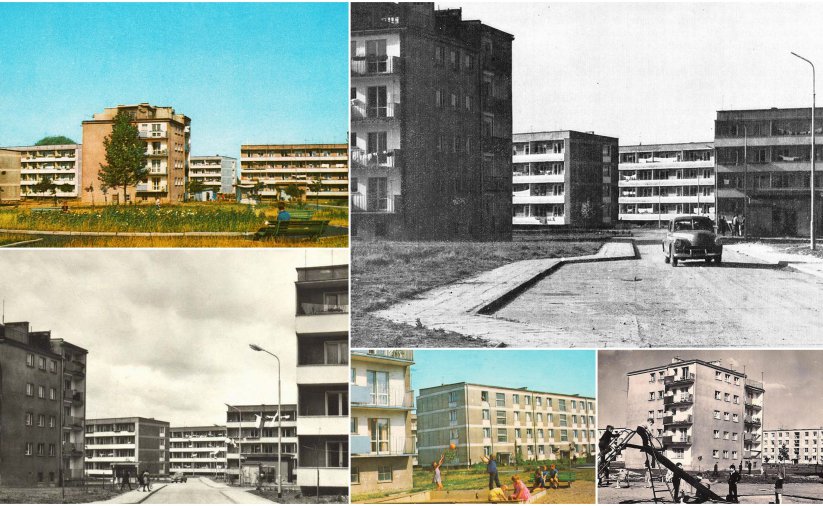 Kolaż zdjęć osiedla z lat 60-tych, częśc zdjęc kolorowa, bloki i tereny zielone