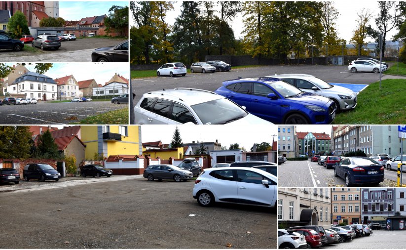 Kolaż zdjeć parkingów i zaparkowanych samochodów