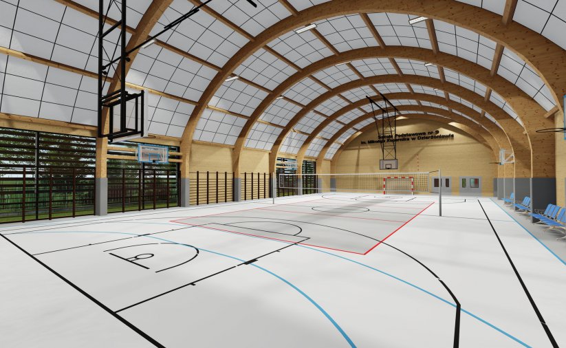 Wnętrze hali sportowej owalnym dachem i białym parkietem