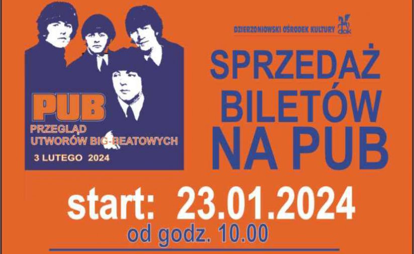 Grafika z pomarańczowym tłem, zdjęciem Beatlesów i napisem sprzedaż biletów