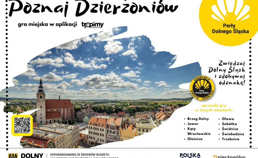 Grafika ze zdjęciem miasta z lotu ptaka, białym tłem i napisem Poznaj Dzierżoniów