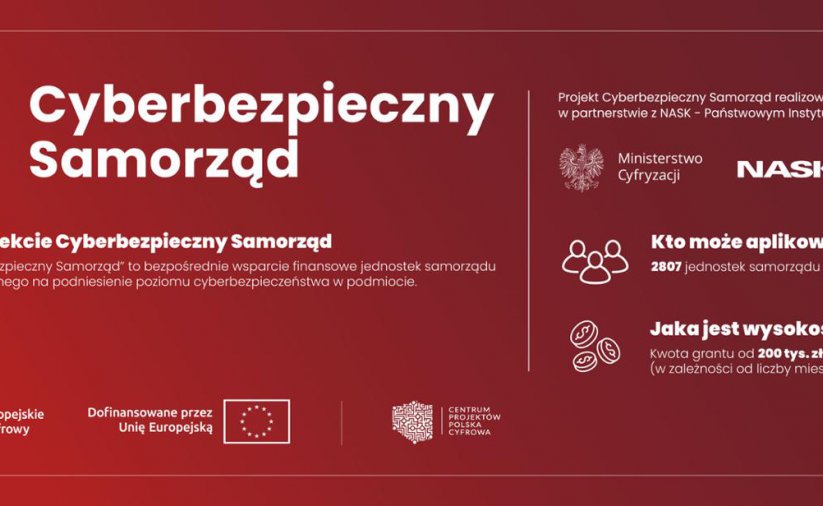 Grafika z bordowym tłem i napisem Cyberbezpieczny samorząd