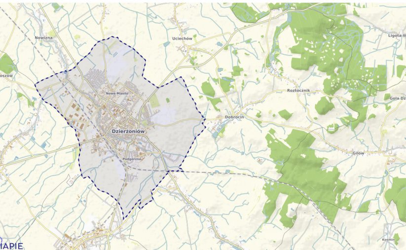 Mapa z obrysem granic Dzierżoniowa 