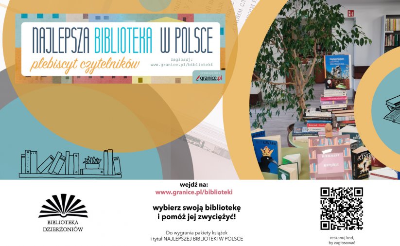 Grafika ze zdjęciem dzierżoniowskiej biblioteki z kodem QR do głosowania w plebiscycie na nalepszą bibliotekę w Polsce