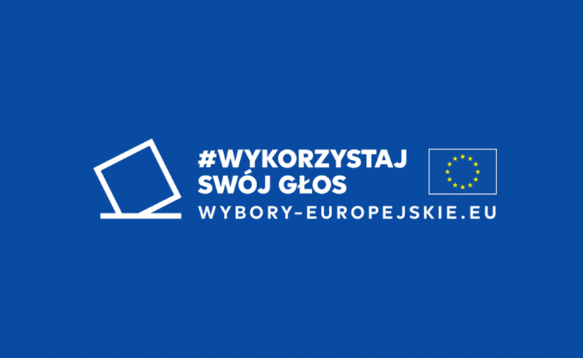 Grafika - niebieskie tło i biały napis Wykorzystaj Swój Głos - wybory europejskie