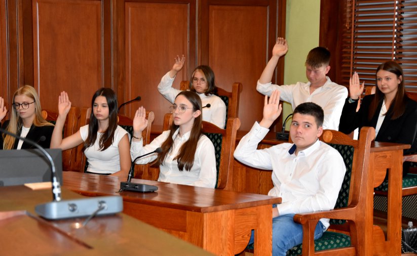 Młodzież podczas głosowania w czasie sesji, siedem osób z uniesionymi rękoma