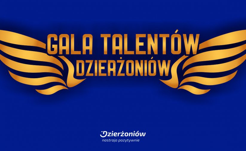 Grafika, niebieskie tło i złoty napis Gala Talentów, po bokach złote skrzydła