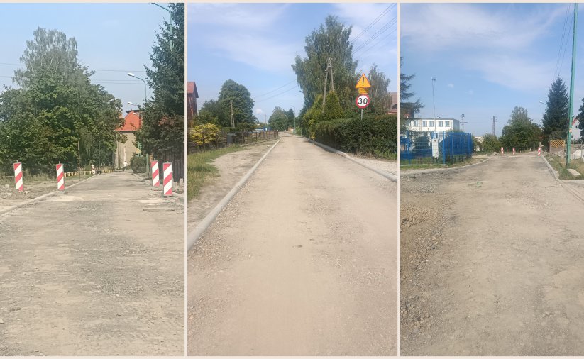 Kolaż trzech zdjęć drogi przygotowanej do wylania asfaltu