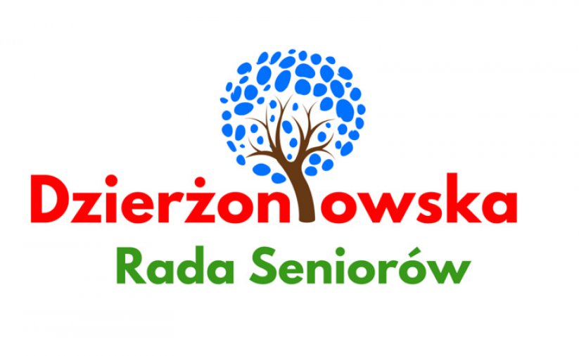 Logo rady seniorów - rysunek drzewa, niebieskie liście, czerwony napis Dzierżoniowska, zielonym Rada Seniorów