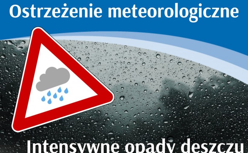Grafika ze znakiem drogowym z churą deszczową i napis Ostrzeżenie meteorologiczne
