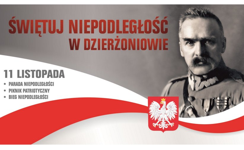 Grafika z marszałkiem Piłsudskim, godłem Polski i napisem "Świętuj niepodległość w Dzierżoniowie"