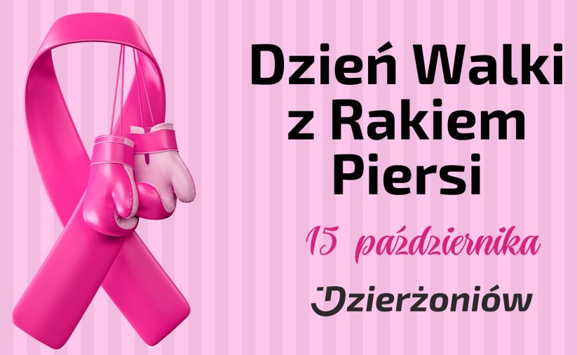 Różowa wstążka na niej różowe rękawice bokserskie, z prawej napis Dzień Walki z Rakiem Piersi 15 października
