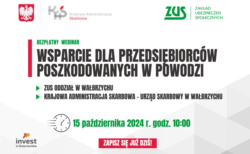 Wsparcie dla przedsiębiorców poszkodowanych w powodzi – Szkolenie ZUS i Urzędu Skarbowego. Termin 15 października 2024, godz. 10:00, Webinarium (Cisco Webex Meeting). Zastosowano grafikę dekoracyjną.