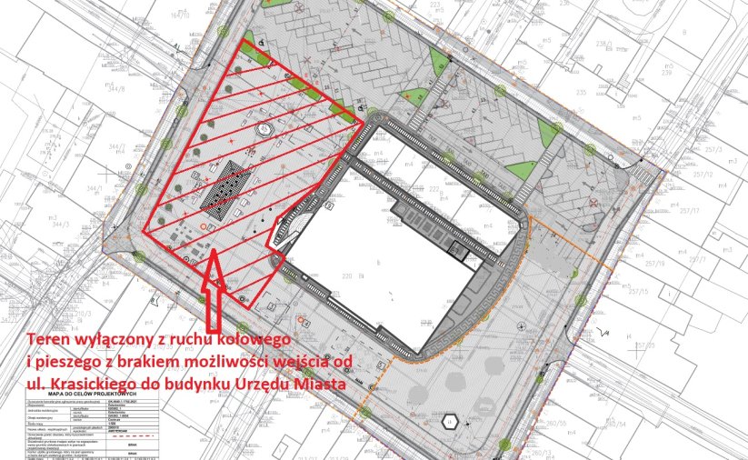 mapka poglądowa rynku z zaznaczonym na czerwono obszarem niedostępnym dla ruchu pieszego