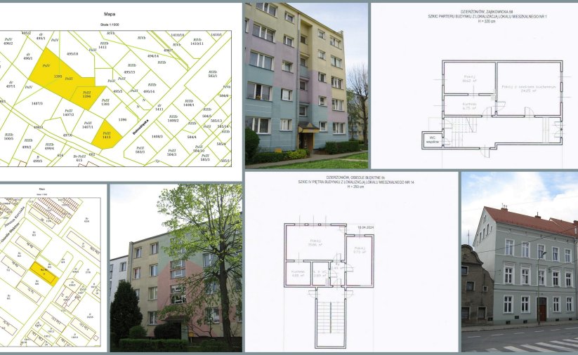 Kolaż zdjęć mapek i budynków