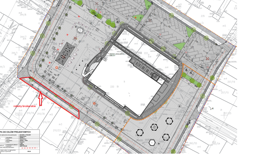 Projekt przebudowy rynku z zaznaczonym miejscem wykonywania prac