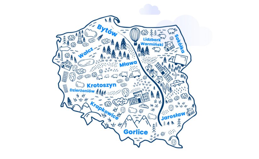 Grafika - mapa Polski z nazwami miast wymienionymi w tekście