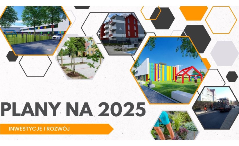 kolorowe zdjęcia w kształcie plastrów miodu, na dole napis plany na 2025 inwestycje i rozwój