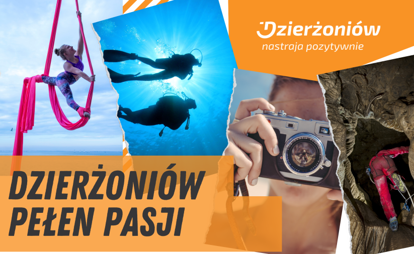 grafika z napisem Dzierżoniów pelen pasji i zdjęcia akrobatki, nurków, fotografa oraz grotołaza