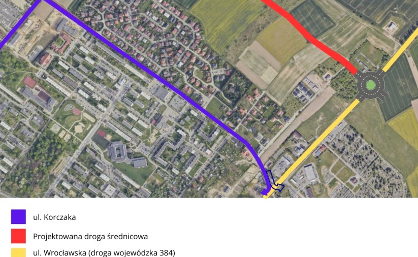 Mapa Dzierżoniowa, na niej naniesione komputerowo rondo i wyznaczony kolorami czerwonym i fioletowym przebieg dróg
