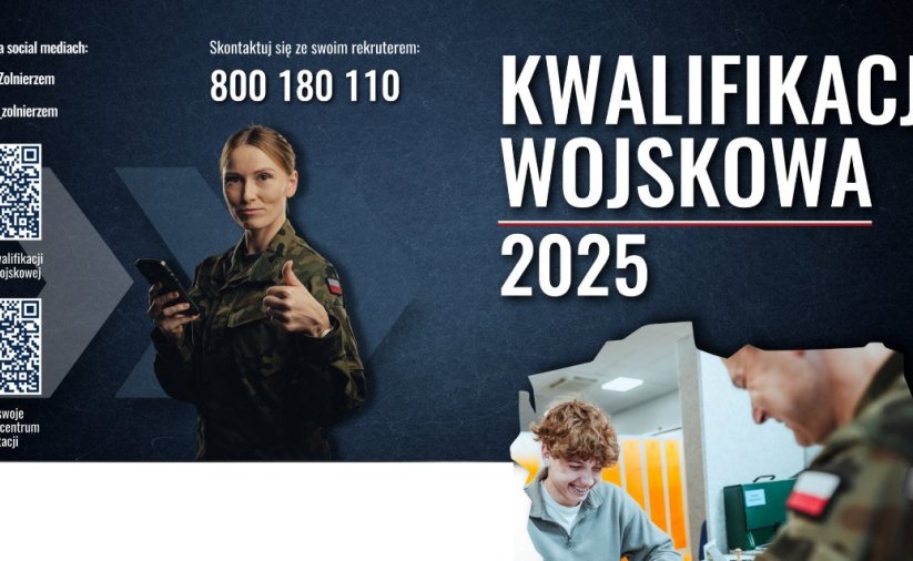 Żołnierka z uniesionym w góre kciukiem, obok napis Kwalifikacja Wojskowa