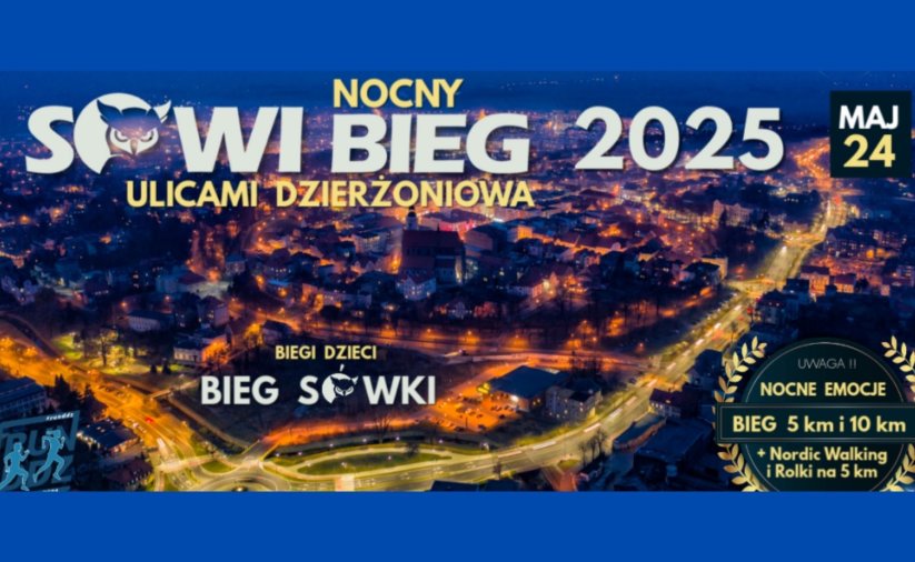 Dzierżoniów nocą z lotu ptaka i napis Sowi Bieg 2025