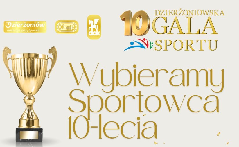 Grafika ozdobna ze zdjeciem pucharu i napisem Wybieramy Sportowca 10-lecia