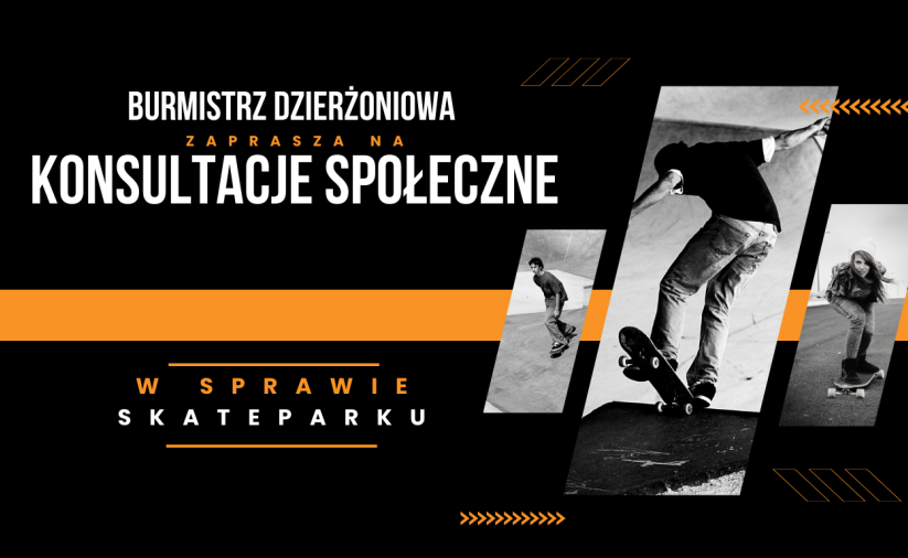 Grafika ze zdjęciami trzech skaterów i napisem burmistrz Dzierżoniowa zaprasza na konsultacje społeczne