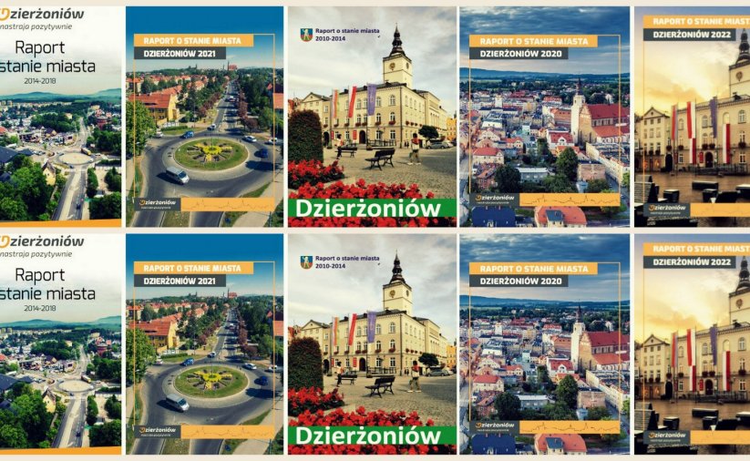 Kolaż okładek raportów o stanie miasta ze zdjęciami Dzierżoniowa
