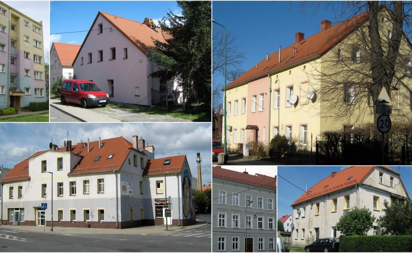 Kolaż pięciu zdjęć budynków wystawionych do sprzedaży
