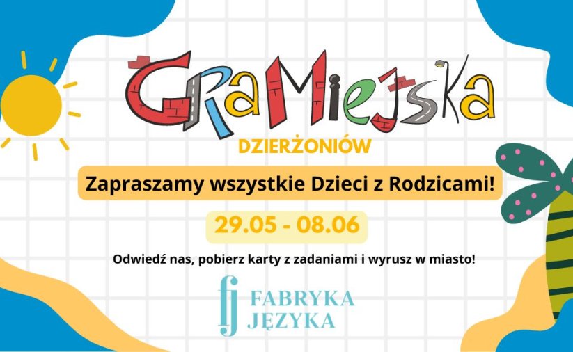 Element ozdobny - kolorowy napis Gra Miejska i informacje podane w tekście