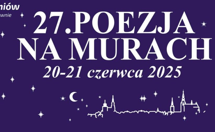 Grafika - grantowe tło, białe gwiazdki i napis Poezja na Murach