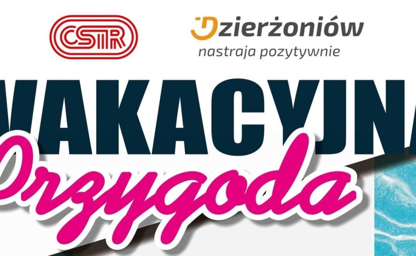 Element ozdobny - napis Wakacyjna Przygoda oraz logotyp miassta i ośrodka sportu